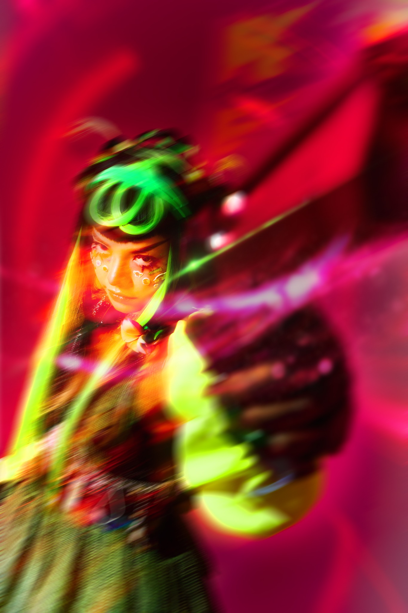 Official portrait of Pyra, Thai artist Peeralada Sukawat, in electric pink and acid-green light